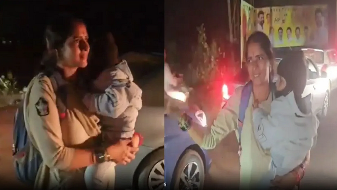Woman Constable Clears Traffic While Carrying Baby Boy At Kakinada