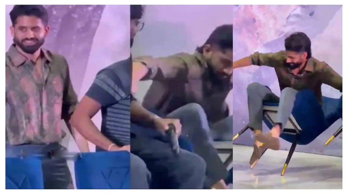 Naga Chaitanya Falls Badly From Chair At Vrushakarma Glimpse Launch – Watch Video