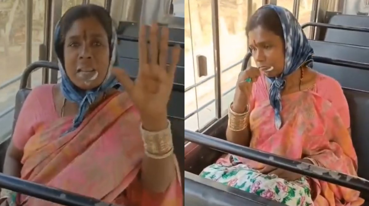 Woman travels on bus while brushing teeth at Nagar Kurnool